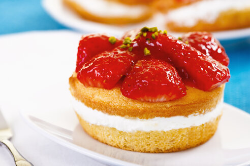 Close up of small strawberry cake with fresh strawberries - TSF000239