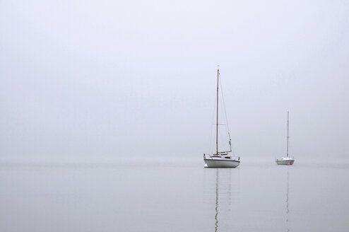 Germany, Bavaria, Ammersee, View of sailing boats in fog - MOF000166
