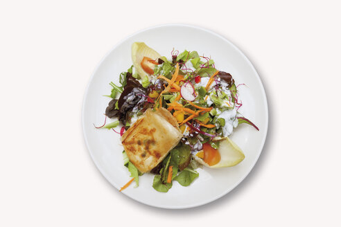 Nahaufnahme von gratiniertem Ziegenkäse mit gemischtem Salat auf weißem Hintergrund - CSF014921