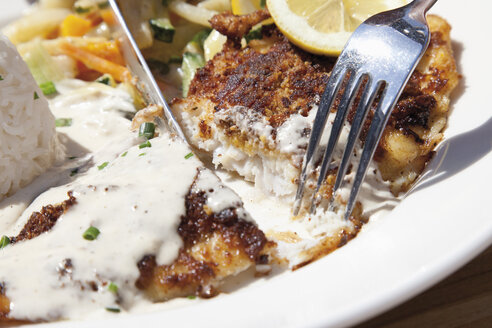 Close up of fried deep sea perch with fragrant rice and cream sauce - CSF014928