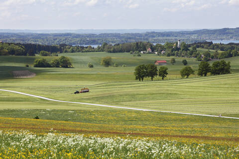 Deutschland, Bayern, Oberbayern, Holzhausen, Münzing, Blick auf Wiese mit Starnberger See im Hintergrund, lizenzfreies Stockfoto