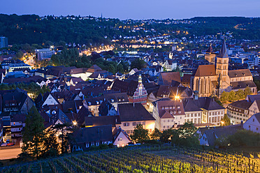 Germany, Baden-Wurttemberg, Esslingen am Neckar, View of cityscape and vineyard at dusk - WDF000960