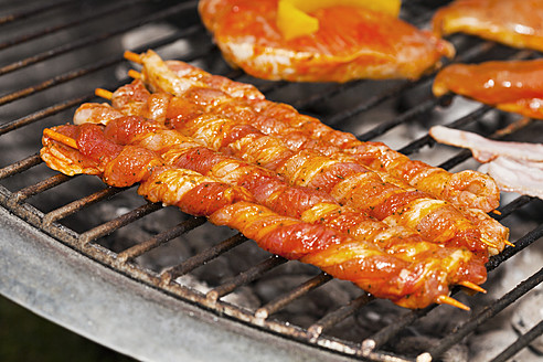 Germany, Bavaria, Close up of pork skewers on grill - TSF000274