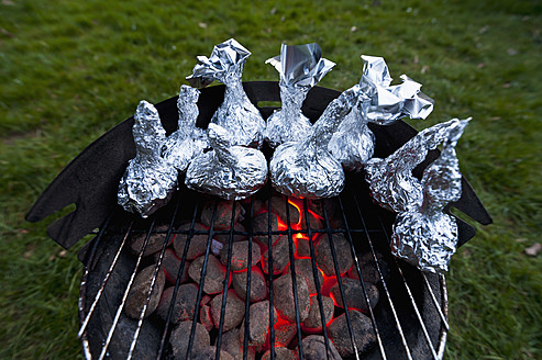 Deutschland, Nordrhein-Westfalen, Düsseldorf, Nahaufnahme von Zwiebeln in Alufolie auf dem Grill - KJF000084