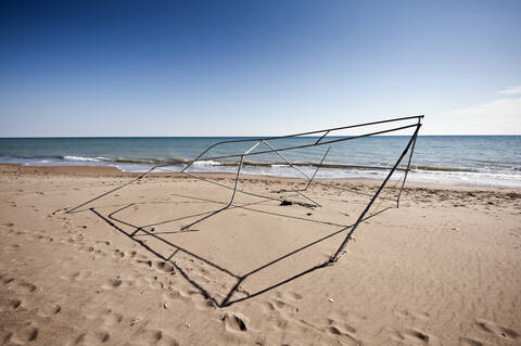 Turkey, Belek, View of broken tent frame on beach stock photo