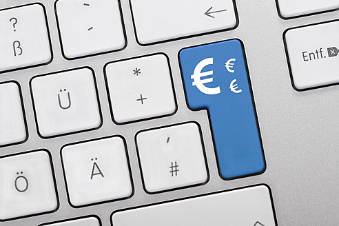 Illustration of keyboard having blue key with euro sign, close up - TSF000297