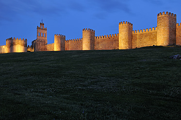 Europe, Spain, Castile and Leon, Avila, View of medieval city wall at dusk - ESF000056