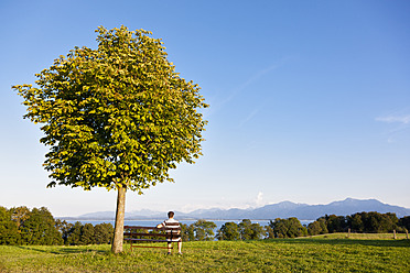 Deutschland, Bayern, Chiemgauer Alpen, Chiemsee, Männer sitzen auf Bank unter Laubbaum - FOF003402