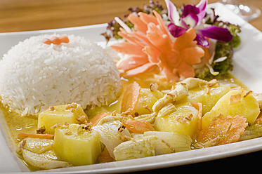 Germany, Bavaria, Munich, Close up of thai dish with boiled rice - RNF000589