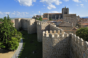 Europe, Spain, Castile and Leon, Avila, View of medieval city wall with city in background - ESF000112