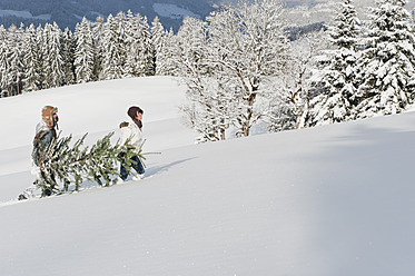 Österreich, Salzburger Land, Flachau, Junger Mann und Frau tragen Weihnachtsbaum im Schnee - HHF003645