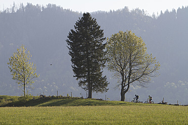 Deutschland, Bayern, Schliersee, Mann und Frau beim Moutainbiking in den Bergen - FFF001197
