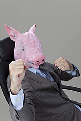 Nahaufnahme eines Geschäftsmannes mit Schweinekopf, der im Büro gegen einen grauen Hintergrund kämpft - MAEF003486