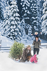 Österreich, Salzburger Land, Flachau, Blick auf Familie mit Weihnachtsbaum und Schlitten beim Spielen im Schnee - HHF003725