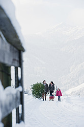 Österreich, Salzburger Land, Flachau, Blick auf Familie mit Weihnachtsbaum und Schlitten im Schnee - HHF003731