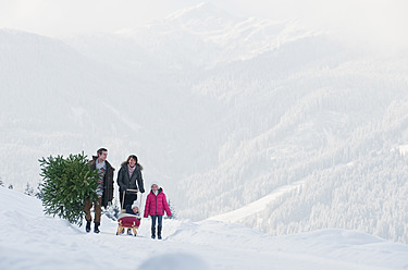 Österreich, Salzburger Land, Flachau, Blick auf Familie mit Weihnachtsbaum und Schlitten im Schnee - HHF003734