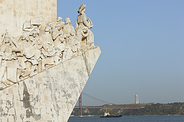 Europe, Portugal, Lisbon, Belem, Padrao dos Descobrimentos, View of monumental sculpture of Portuguese seafaring near river Tagus - FO003449