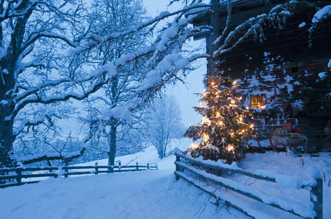 Österreich, Salzburger Land, Flachau, Blick auf beleuchteten Weihnachtsbaum mit Schlitten vor einer Almhütte in der Abenddämmerung, lizenzfreies Stockfoto