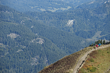 Österreich, Kleinwalsertal, Mann und Frau wandern auf Bergpfad - MIRF000249