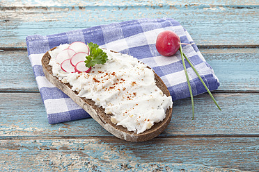 Nahaufnahme einer Brotscheibe mit Aufstrich, Zwiebel, Rettich und Paprika auf karierter Serviette - MAEF003570