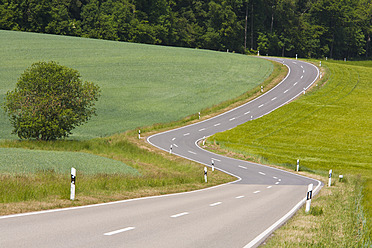 Deutschland, Baden-Württemberg, Weikersheim, Blick auf kurvenreiche Landstraße in Waldnähe - WDF001001