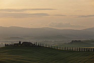 Italien, Toskana, Kreta, San Quirico d'Orcia, Blick auf einen Bauernhof mit Zypressen bei Sonnenaufgang - FOF003517