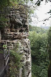 Deutschland, Rheinland-Pfalz, Eifel, Naturpark Südeifel, Blick auf Wanderer auf Buntsandsteinfelsen im Buchenwald - GWF001530