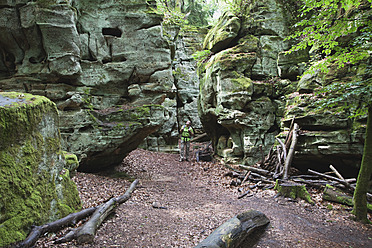 Deutschland, Rheinland-Pfalz, Eifel, Naturpark Südeifel, Blick auf Wanderer in der Nähe von Buntsandsteinfelsen im Buchenwald - GWF001532