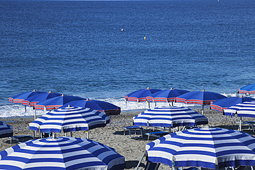 Italien, Ligurien, Cinque Terre, Deiva Marina, Blick auf Sonnenschirm und Liegestühle am Strand des Mittelmeers - GWF001550