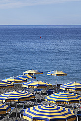 Italien, Ligurien, Cinque Terre, Deiva Marina, Blick auf Sonnenschirm und Liegestühle am Strand des Mittelmeers - GWF001554