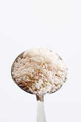 Löffel voll mit Murray River Salt vor weißem Hintergrund, Nahaufnahme - CSF015403