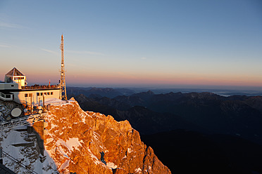 Europe, Austria, Germany, Bavaria, View of weather station and platform on Zugspitze and wetterstein mountain - FOF003578