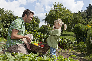 Germany, Bavaria, Altenthann, Father and daughter holding basket full of vegetables - RBF000709