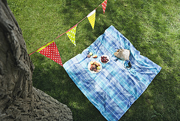 Italy, Tuscany, Picnic blanket with food and flag line above it - PDF000156