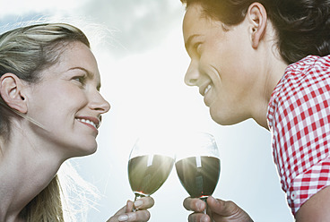 Italien, Toskana, Junges Paar stößt mit Weingläsern an - PDF000232