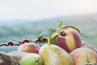 Italy, Tuscany, Magliano, Close up of peach, pears and cherries - WESTF017318