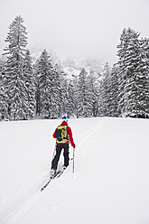 Germany, Bavaria, Young man doing telemark skiing in Herzogstand mountain forest - MIRF000308