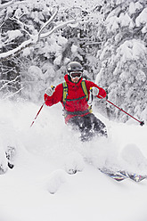 Deutschland, Bayern, Junger Mann beim Telemark-Skifahren im Herzogstand-Bergwald - MIRF000314