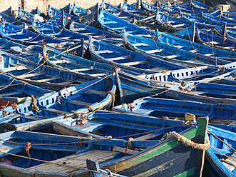 Morocco, Essaouira, Blue fishing boat at port - BSCF000085