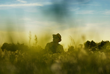 Germany, Bavaria, Mid adult man sitting in field - DKF000189