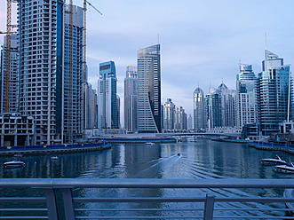 United Arab Emirates, Dubai, View of skyscrapers with harbour - BSC000110