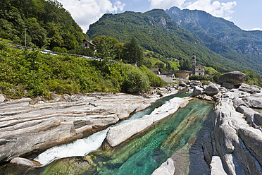 Switzerland, Ticino, View of Verzasca River with mountain in background - WDF001029