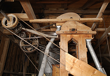 Conveyor belt in an ancient watermill located in Upper Bavaria, Germany, showcasing traditional milling techniques - TCF001917