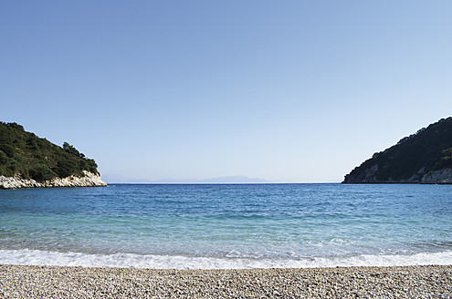 Scenic view of Filiatro Beach and the Mediterranean Sea in Ithaca, one of Greece's beautiful Ionian Islands - MUF001146