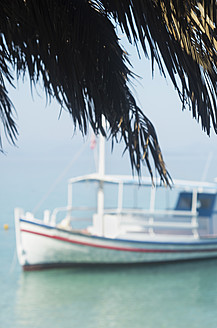 Landschaftliche Ansicht einer Palme und eines Bootes im Meer, aufgenommen auf der schönen Ionischen Insel Ithaka, Griechenland - MUF001154