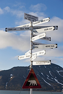 Hinweisschild in Longyearbyen, Svalbard, Norwegen, warnt vor Eisbären in der Gegend - FOF003700