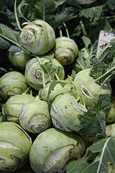 Frischer Kohlrabi auf einem Markt in Oberbayern, Deutschland, aufgenommen in einer atemberaubenden Nahaufnahme - TCF002106