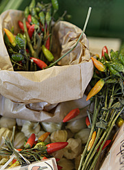 Bunte Chilischoten auf einem Markt in Oberbayern, Deutschland, eingefangen in einer eindrucksvollen Nahaufnahme - TCF002107