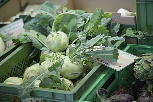 Lebendige Artischocken auf einem belebten Markt in Wolfratshausen, Oberbayern, Deutschland - TCF002117