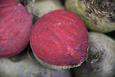 Lebendige Rote Bete, frisch geerntet und auf einem belebten Markt in Oberbayern, Deutschland, ausgestellt - TCF002122